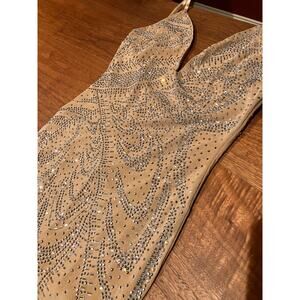 BANJUL Womens Rhinestone Sheer Leg Jumpsuit Nude Beige Lined Bodice Size L